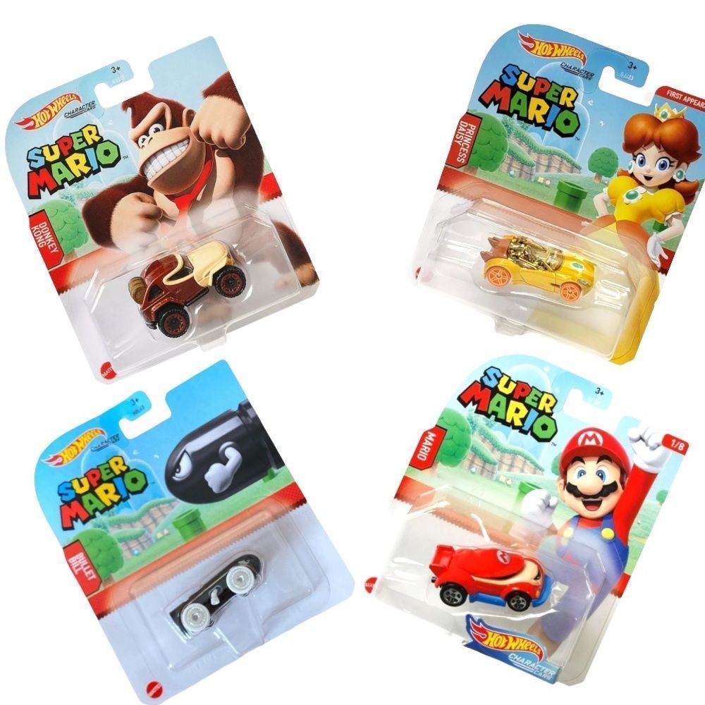Hot Wheels Nintendo Character Cars Lot (Mario-DonkeyKong-PrincessDaisy-Bullet)